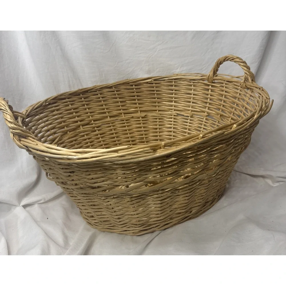 Vintage Wicker Willow Woven Laundry Basket Handles 23